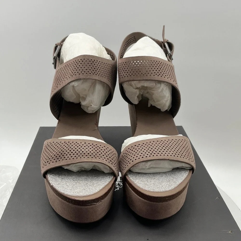 Vince Camuto Vessinta Taupe Suede Perforated Platform‎ Wedge Sandals 9.5M